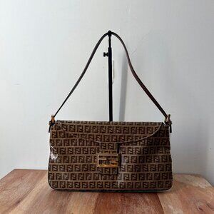 Fendi Zucchino Vinyl Double Flap Accordion Baguette Brown